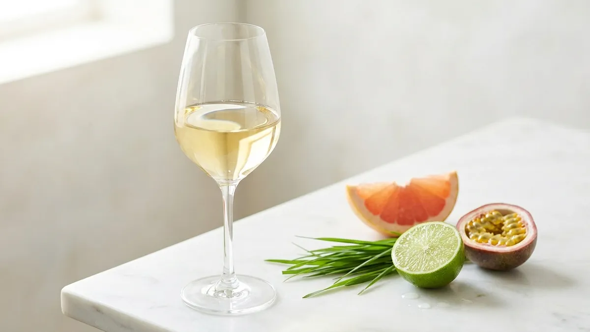 A pale gold glass of crisp white wine beside fresh-cut grass, lime, and grapefruit on a bright marble surface in soft natural light