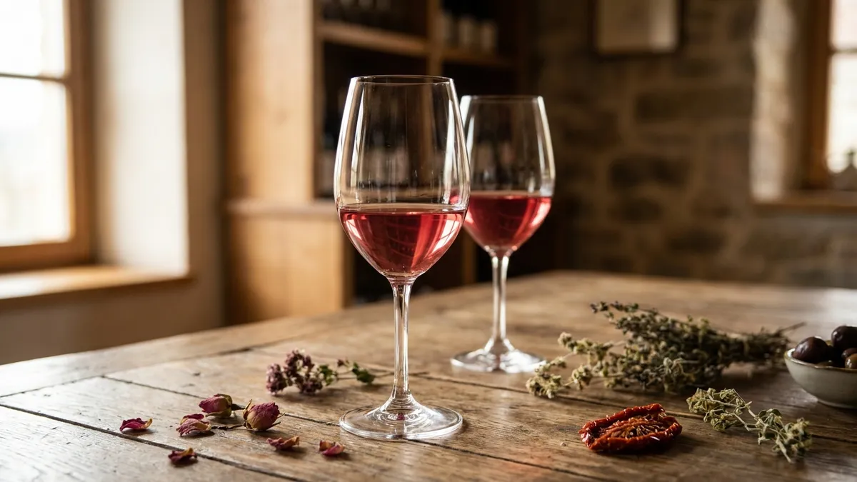 Two pale ruby reds side by side in tasting glasses on a stone table, one Greek Xinomavro and one Italian Nebbiolo, warm dried-herb still life