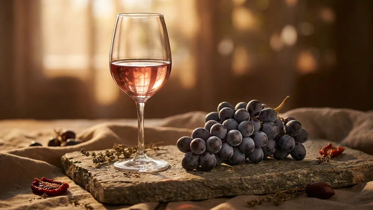 Close-up of pale ruby Xinomavro wine in a glass beside a cluster of dark Xinomavro grapes on the vine, savory dried-herb mood