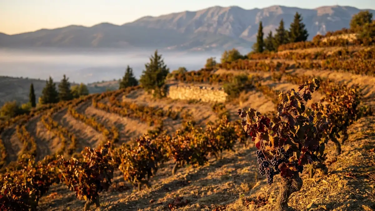 Terraced Xinomavro vineyards on the lower slopes of Mount Vermio in Naoussa, northern Greece, at golden hour with mountain backdrop