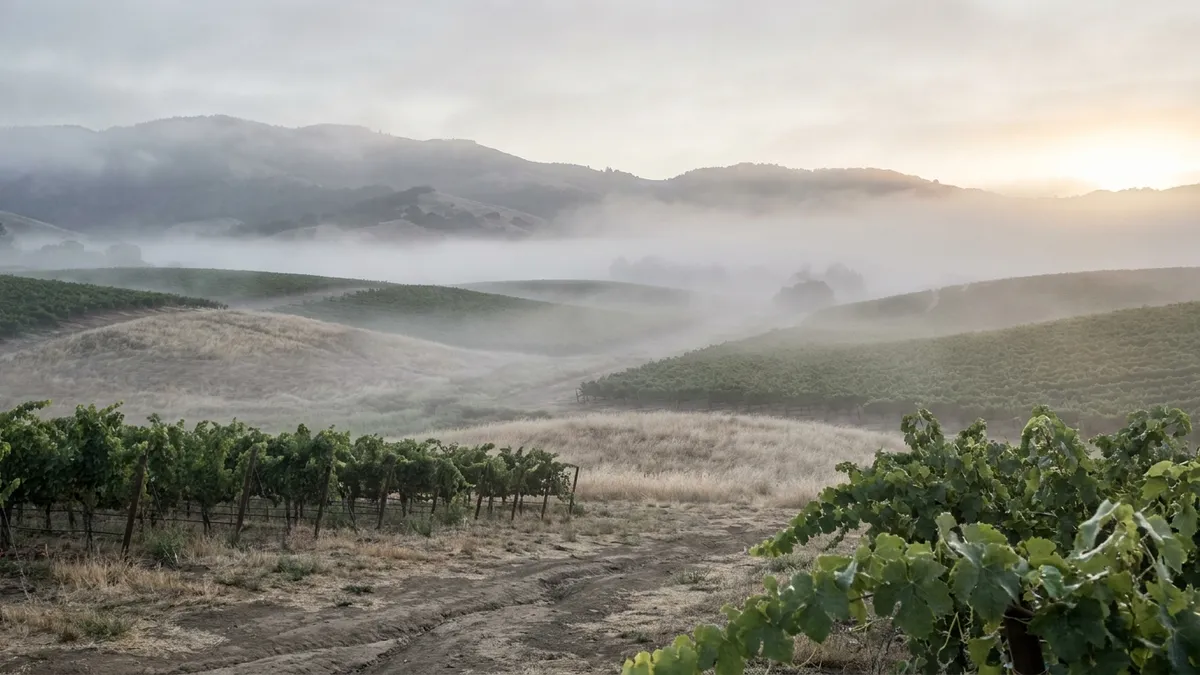 Low Los Carneros vineyard hills at the mouth of Napa Valley with morning fog rolling in off San Pablo Bay over green rows of vines