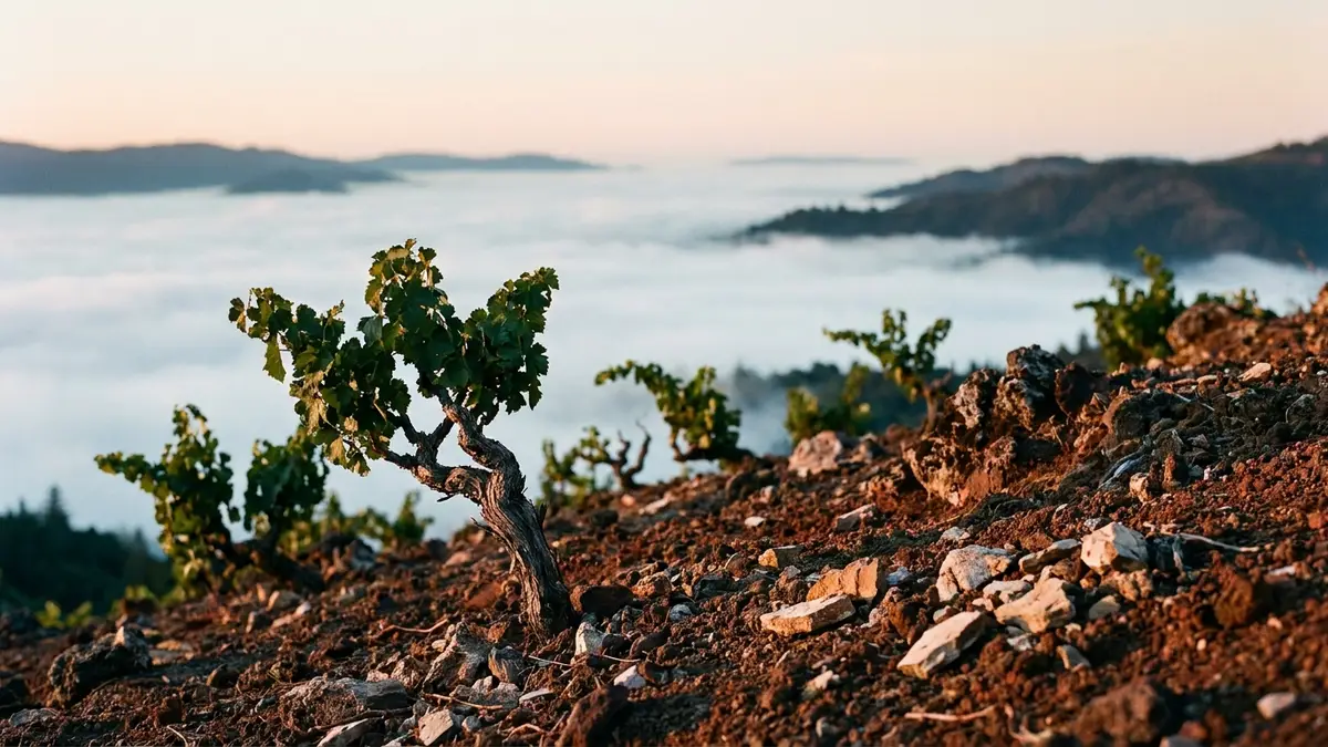 Mountain vineyard perched above the fog line on thin rocky volcanic soil, gnarled vines catching low golden light with a sea of cloud in the valley below