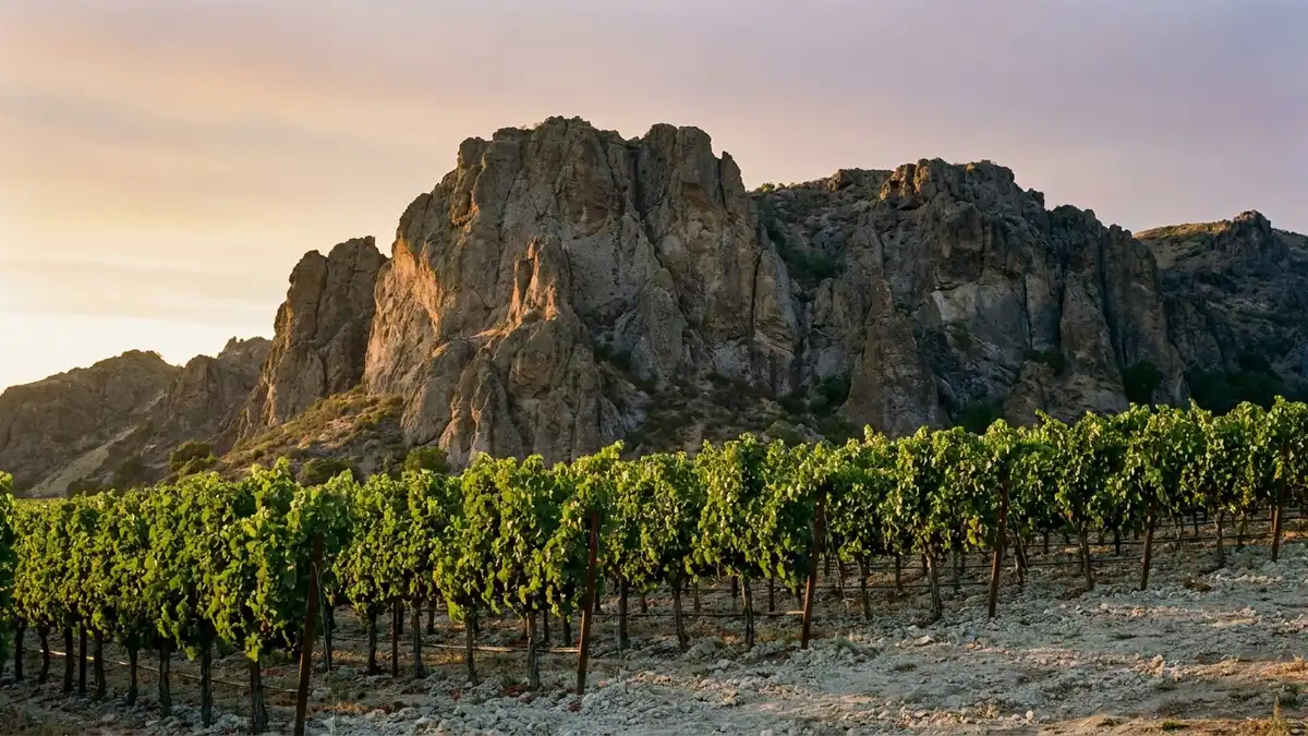 The distinctive stony palisade outcrop above the Stags Leap District with neat vineyard rows on the eastern bench of Napa Valley in warm evening light