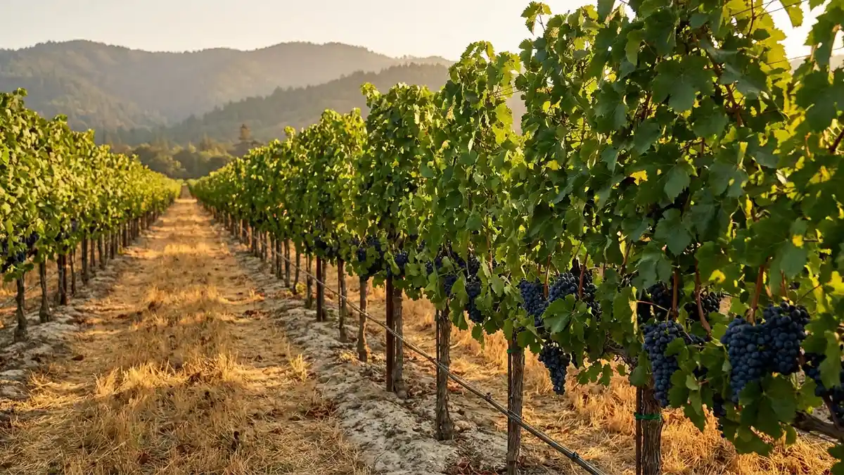 Napa Valley floor vineyard rows in deep alluvial soil with the forested Mayacamas Mountains rising behind under warm afternoon light