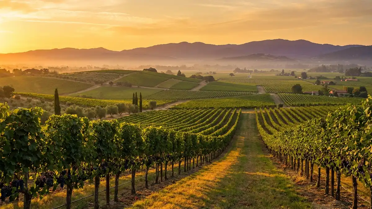 Rolling Napa Valley vineyards with rows of grapevines stretching toward the Mayacamas Mountains under golden afternoon light