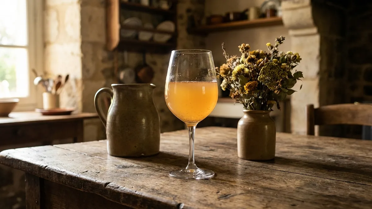 Rustic scene with unfiltered amber orange wine in a hand-blown glass alongside a ceramic jug and dried flowers on a wooden farmhouse table