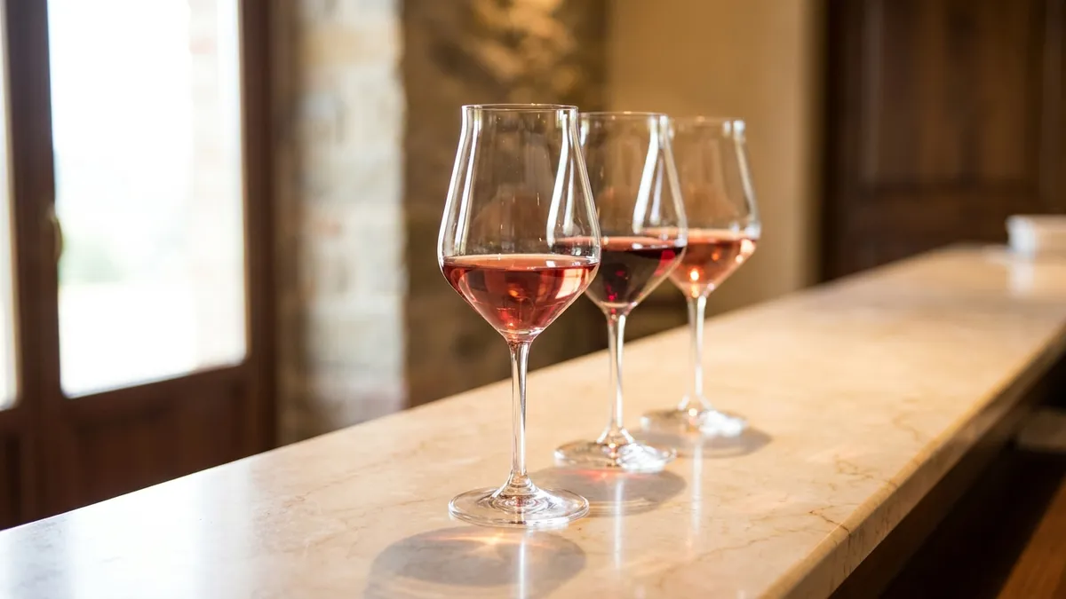 Three pale ruby red wines lined up for comparison — Pinot Noir, Nebbiolo, and Nerello Mascalese — in tulip glasses on a marble counter