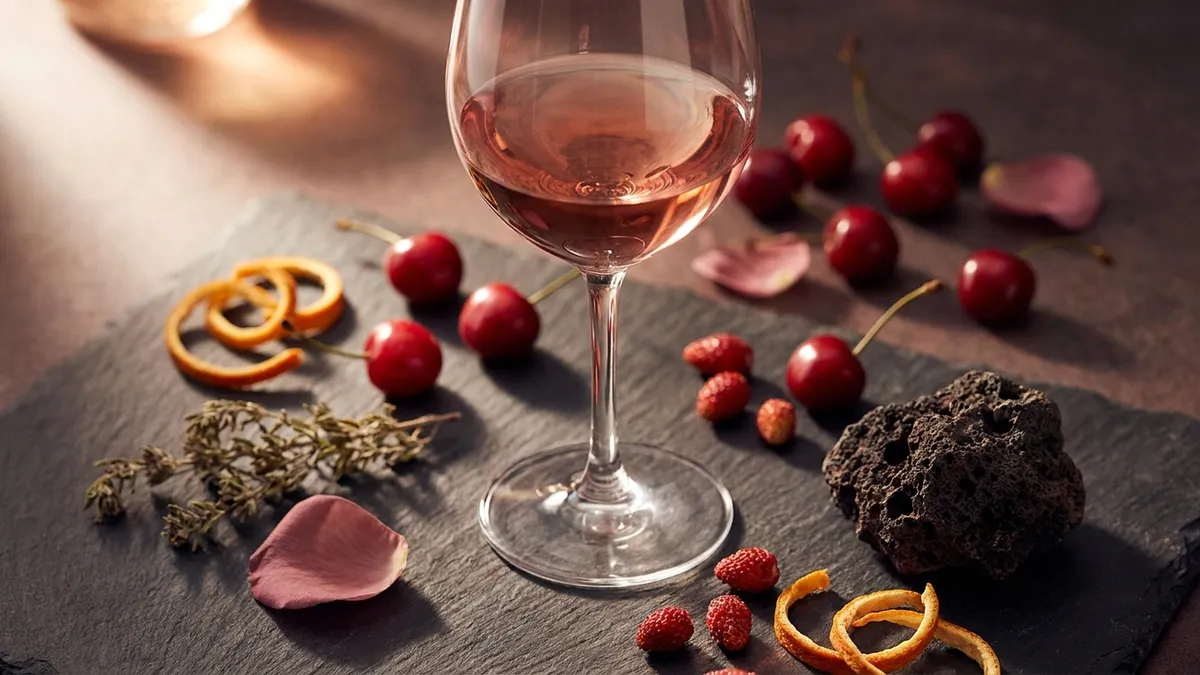A pale ruby glass of Etna Rosso beside dried orange peel, red cherries, and a piece of dark volcanic rock on a slate surface