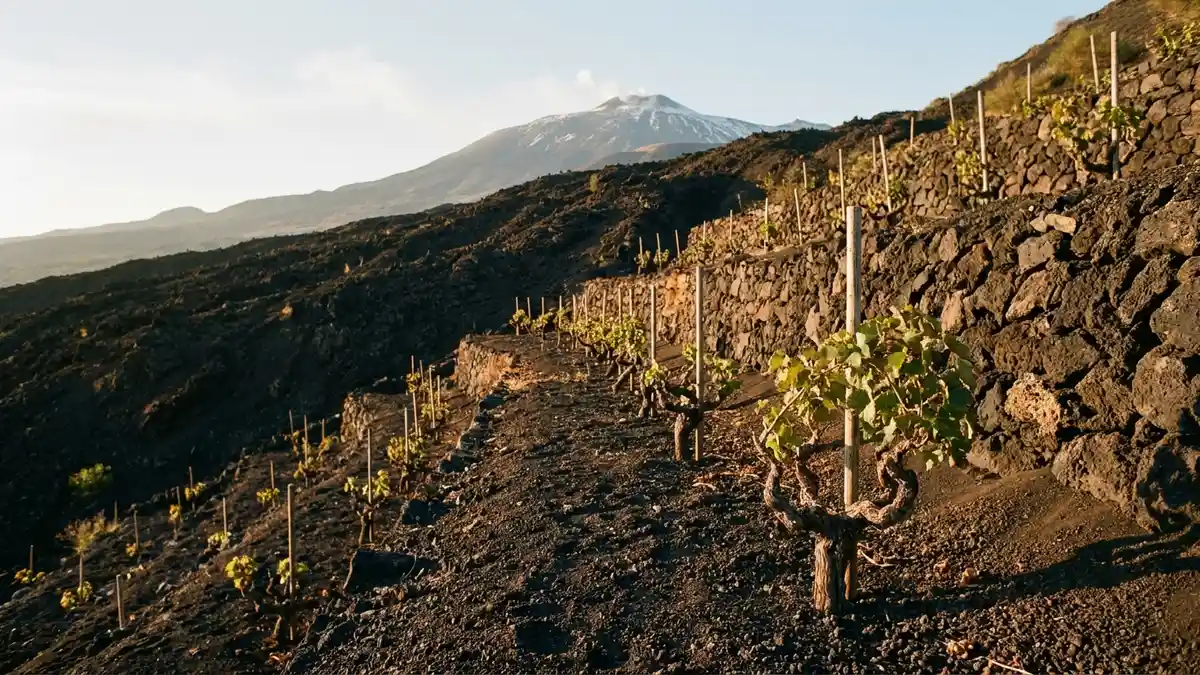 Terraced old bush vines on the black volcanic slopes of Mount Etna with the summit smoking in the distance