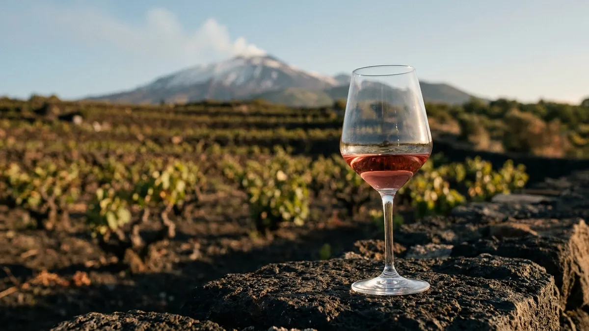 A glass of pale ruby Nerello Mascalese wine on a dark volcanic stone ledge with the snow-dusted slopes of Mount Etna and old bush vines softly out of focus behind