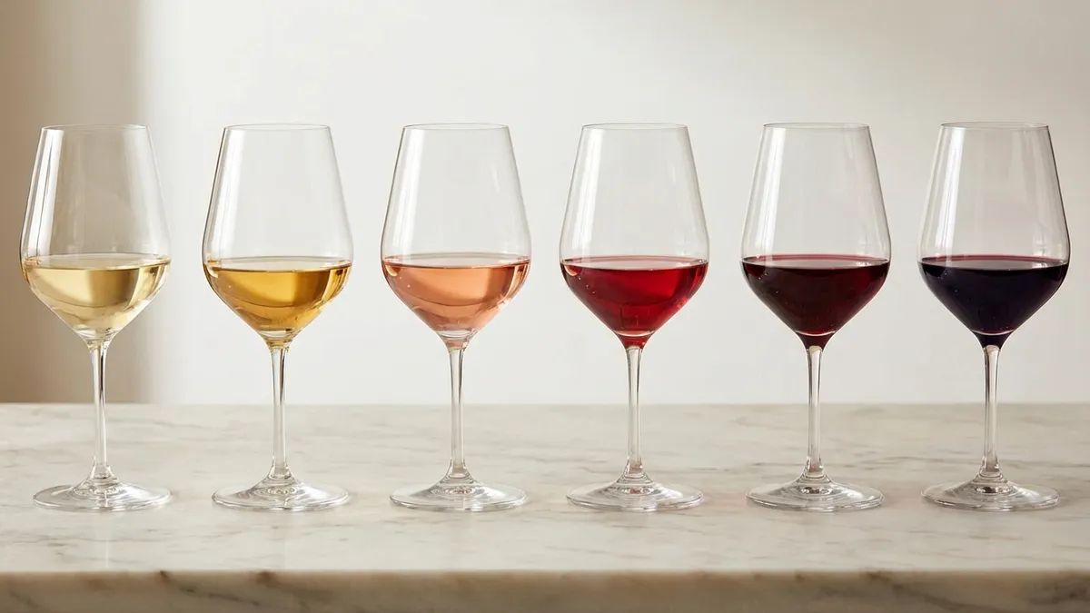 Six wine glasses in a row showing a color gradient from pale straw-gold to deep ruby-garnet on a marble surface