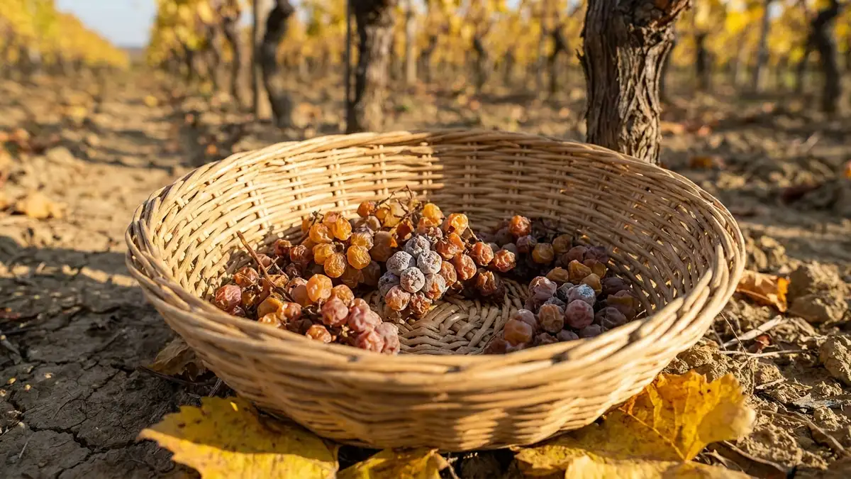 A small wicker harvest basket holding a modest handful of shrivelled amber grapes between vine rows in low autumn sun