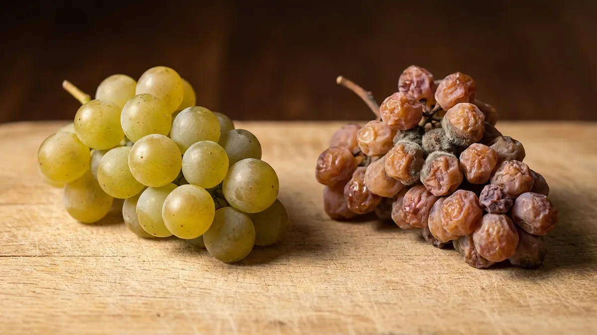 Two bunches of white grapes side by side, one plump and pale gold, the other shrivelled to amber raisins dusted with grey noble rot