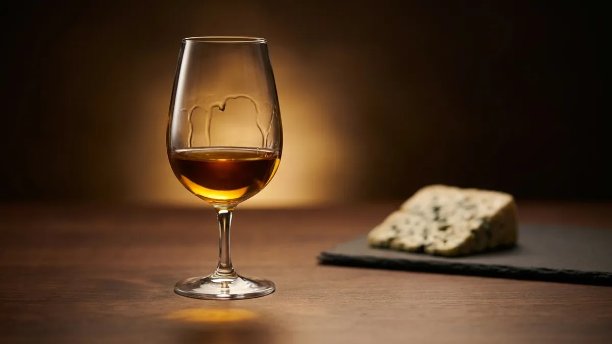 A small tulip glass of glowing amber-gold sweet wine on a dark wooden table beside a wedge of blue-veined cheese