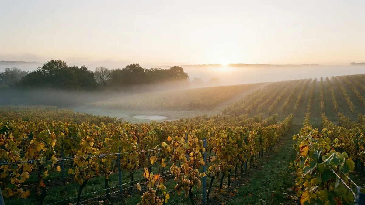 Vineyard rows at dawn with low autumn mist drifting between the vines and the early sun glowing through the haze