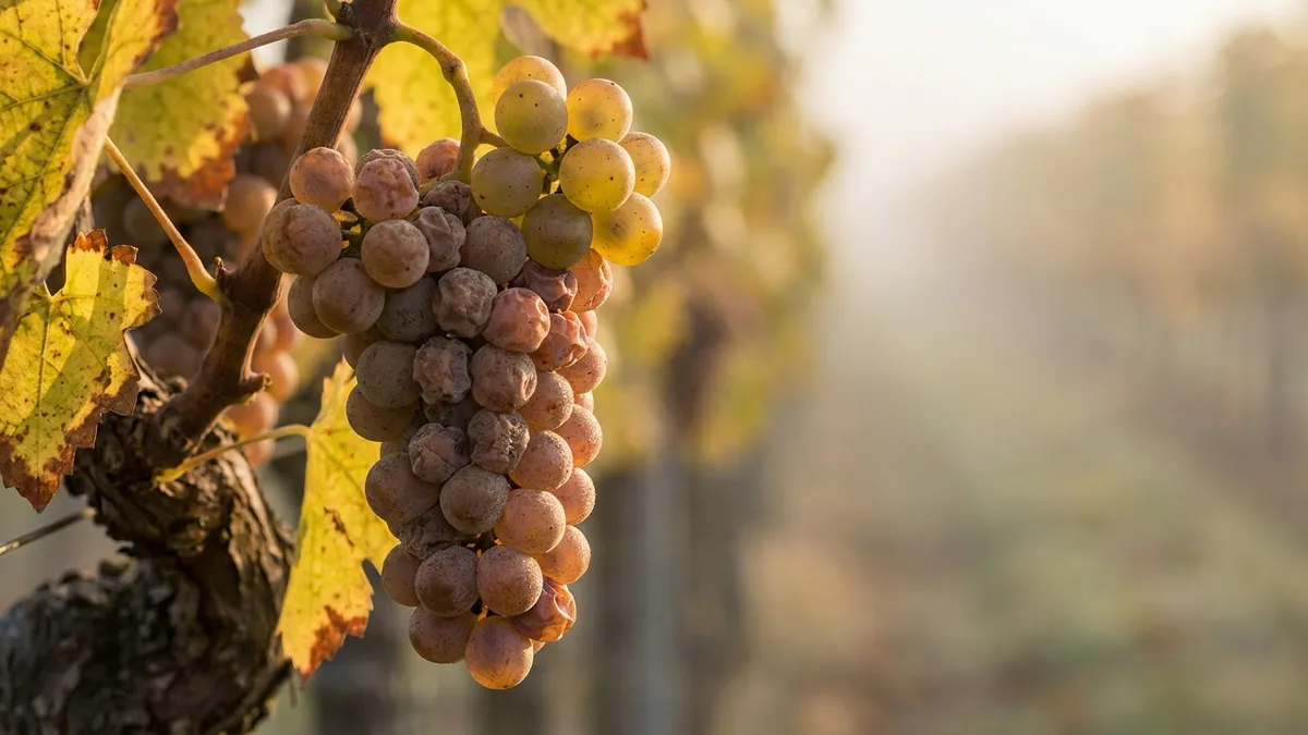 A cluster of white wine grapes on the vine, half shrivelled and dusted with grey noble rot, backlit by early sun through autumn mist