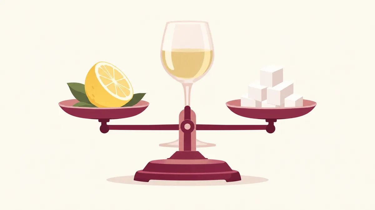 A balance scale with half a lemon on one pan and a stack of sugar cubes on the other, the beam level, a glass of pale white wine behind it