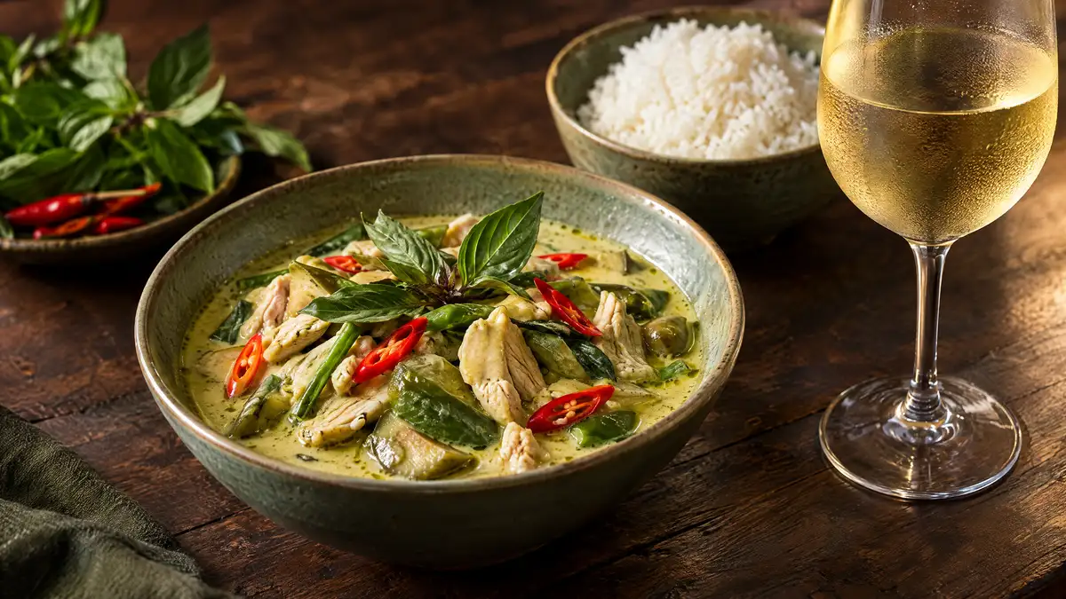 A bowl of Thai green curry with chicken, red chilli and basil beside a bowl of rice and a chilled glass of pale white wine on a dark wooden table