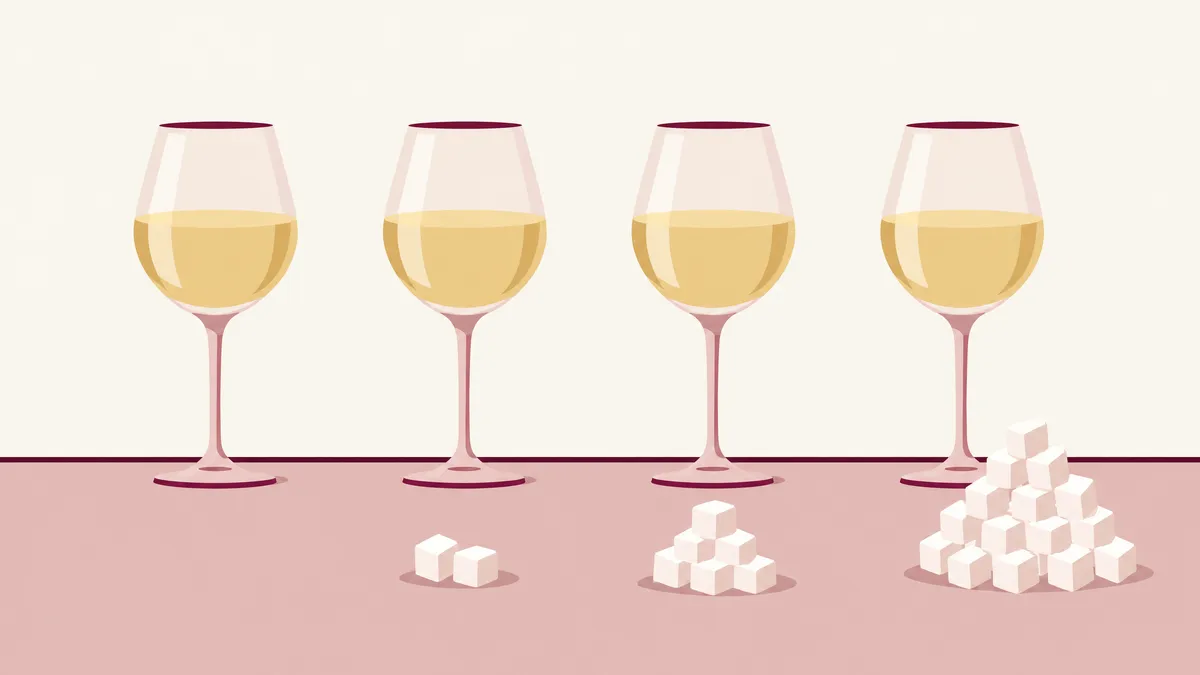 Four glasses of pale white wine in a row, with no sugar cubes in front of the first, two in front of the second, a small pile in front of the third and a heap in front of the fourth