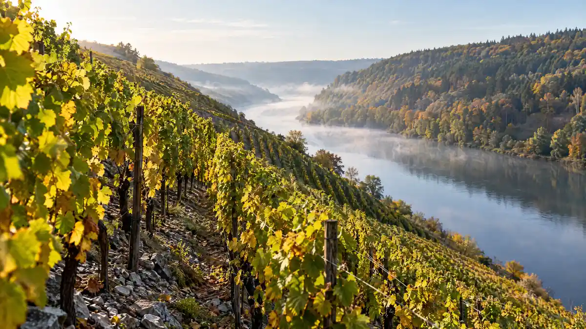 A steep vineyard of yellowing vines on stony slopes above a misty river valley in autumn morning light