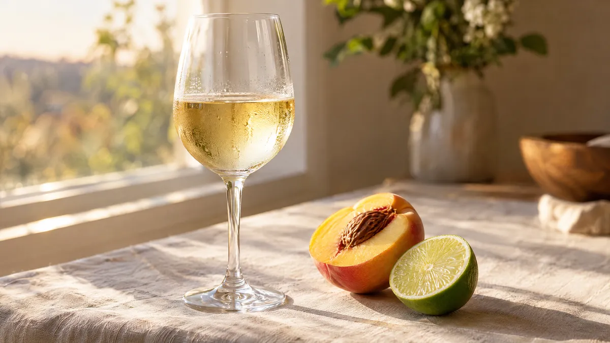 A chilled glass of pale golden white wine on a linen table beside a halved ripe peach and a halved lime in late-afternoon light