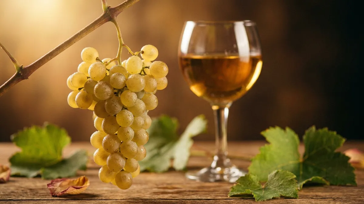 A cluster of small pale green Muscat grapes on the vine with a glass of golden wine beside it