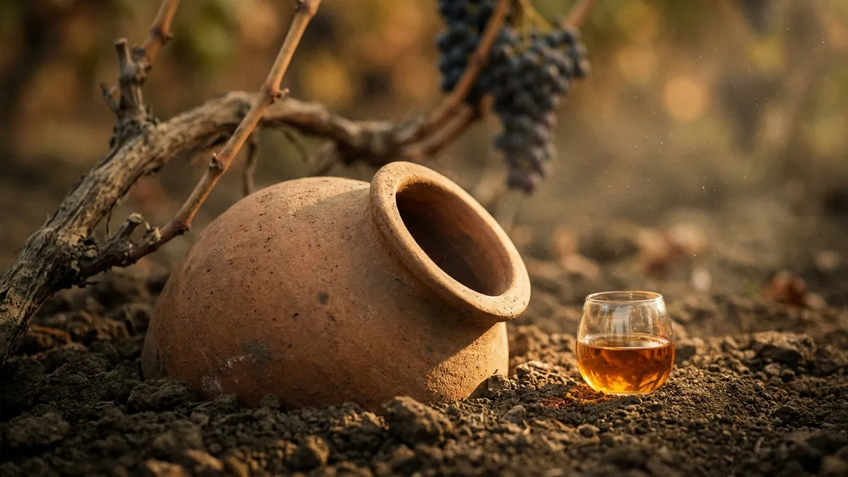 An ancient buried clay qvevri vessel next to gnarled old grapevines and a glass of amber wine in warm low light