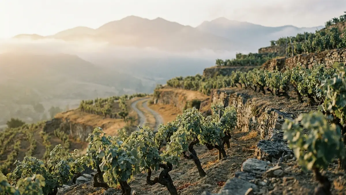 Steep terraced vineyards in the Caucasus foothills under soft morning light with old gnarled vines