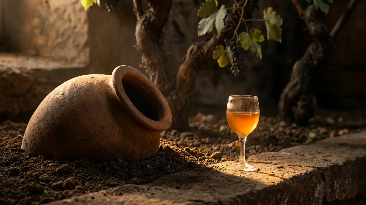 An ancient clay qvevri buried in earth beside old gnarled grapevines and a glass of amber wine in warm low light