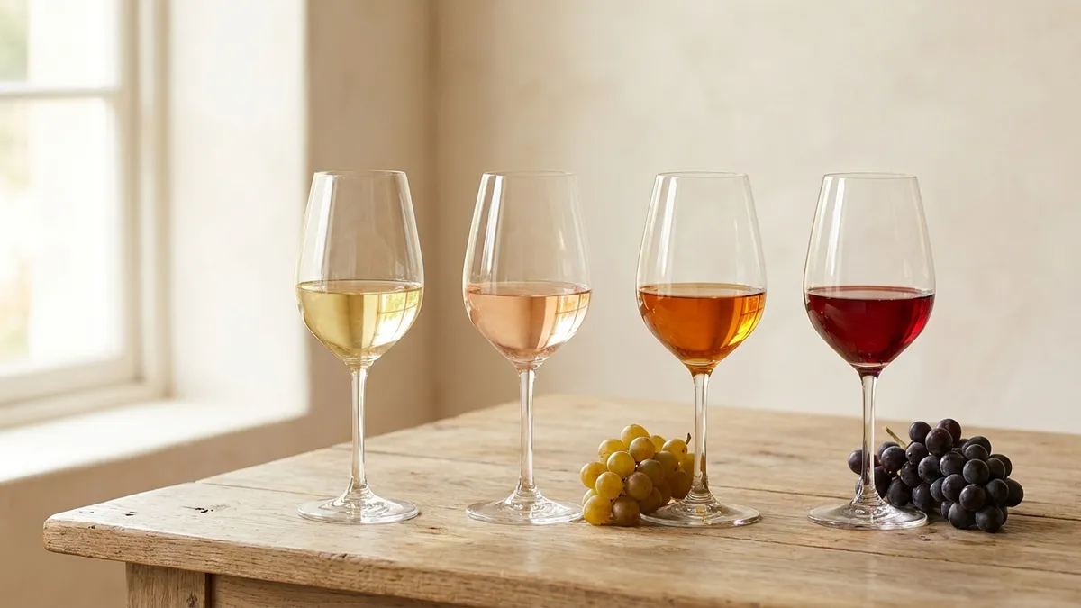 Four wine glasses in a row on a wooden table: pale straw white, pale onionskin rosé, deep amber orange wine and ruby red