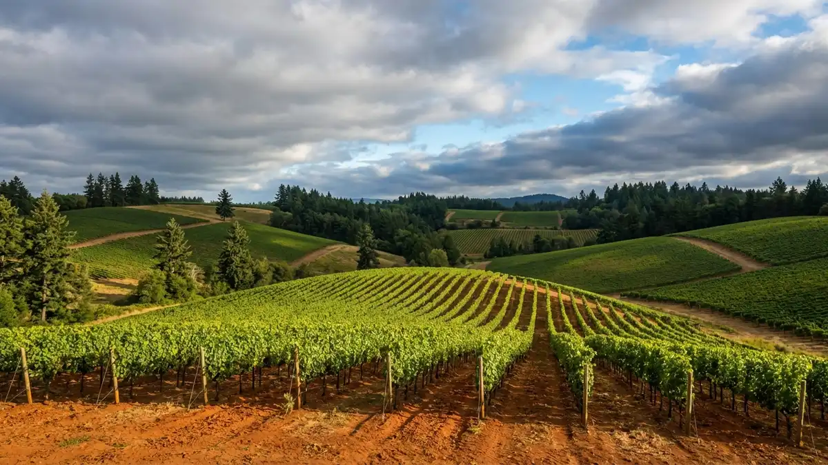 Oregon vineyard rows in the Willamette Valley with green hills and a dramatic Pacific Northwest sky