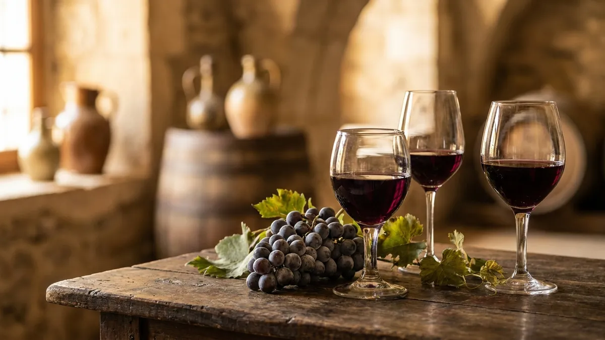 Three glasses of deep purple Rhône red wine on a rustic wooden table beside a bunch of dark Syrah grapes