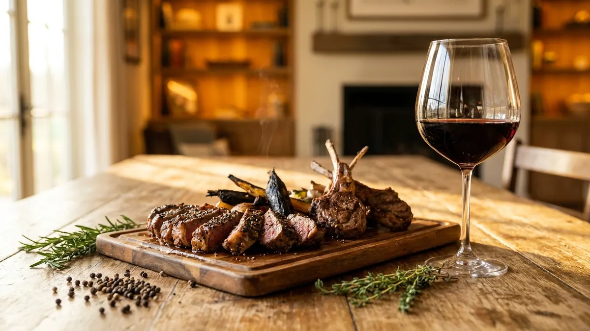 Rustic table with grilled meats and a glass of deep red Paso Robles wine, warm natural light