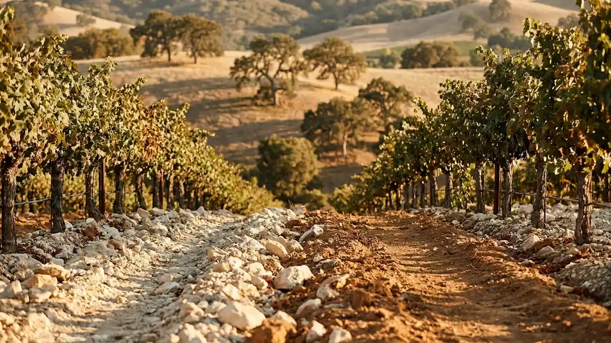 Oak-studded rolling vineyard hills of Paso Robles at golden hour, warm calcareous soil visible between rows of vines