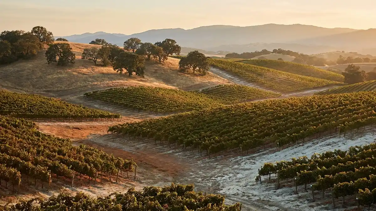 Rolling oak-studded vineyard hills of Paso Robles on California's Central Coast at golden hour, neat rows of vines on warm calcareous slopes
