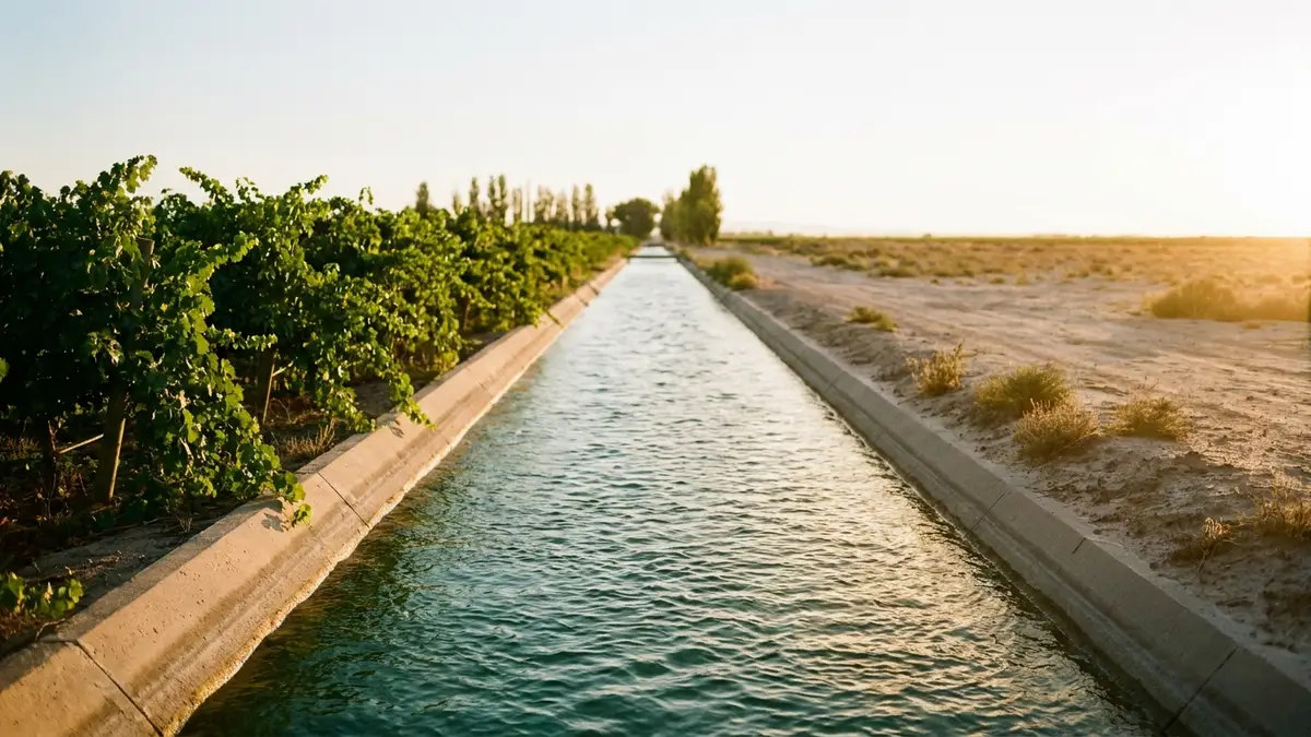 A straight irrigation canal running beside a strip of green vines, with dry brown steppe just beyond the edge