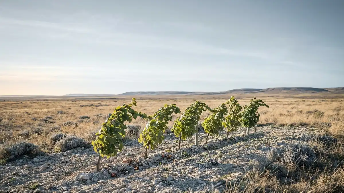 A lone row of vines on a cold, windswept southern plain under a pale sky, with low hills on the horizon