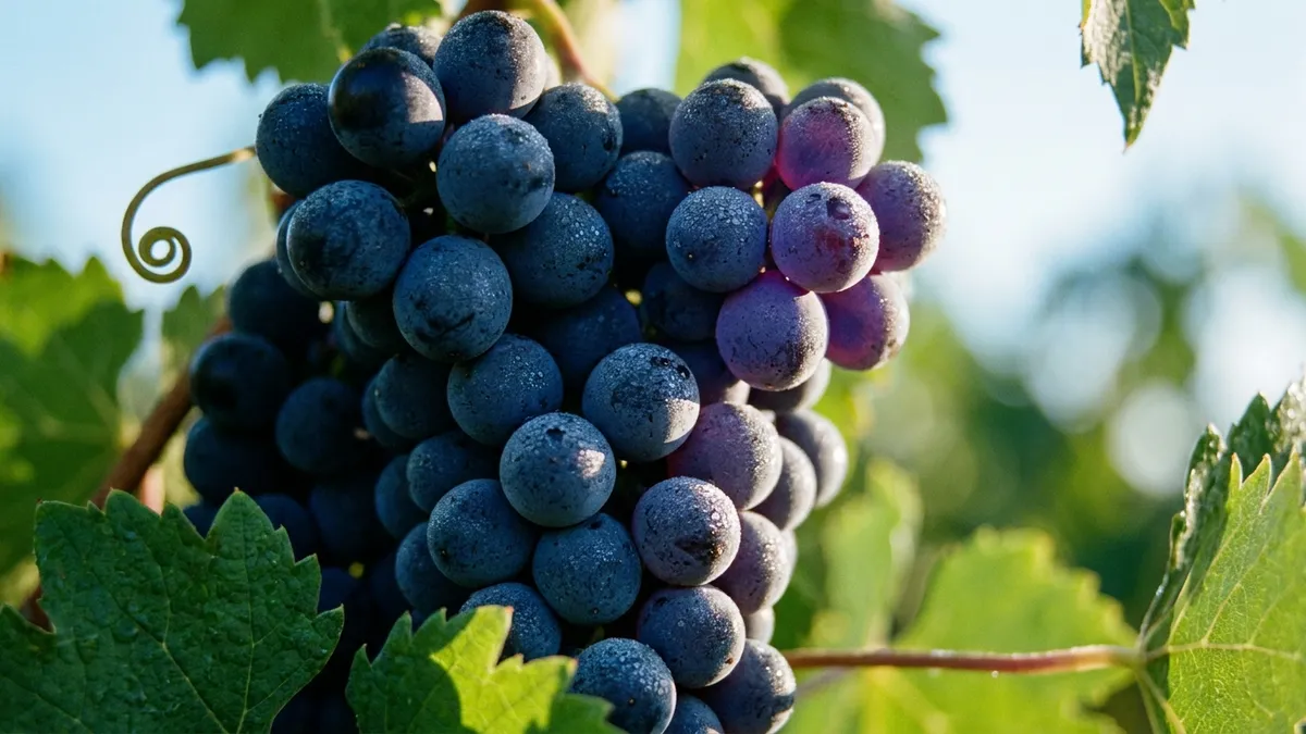 A close-up of small, tight clusters of dark Pinot Noir grapes with cool morning dew on the skins