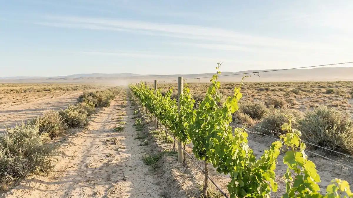 Rows of green vines crossing flat, dry Patagonian steppe toward distant hills, with brown scrub on every side