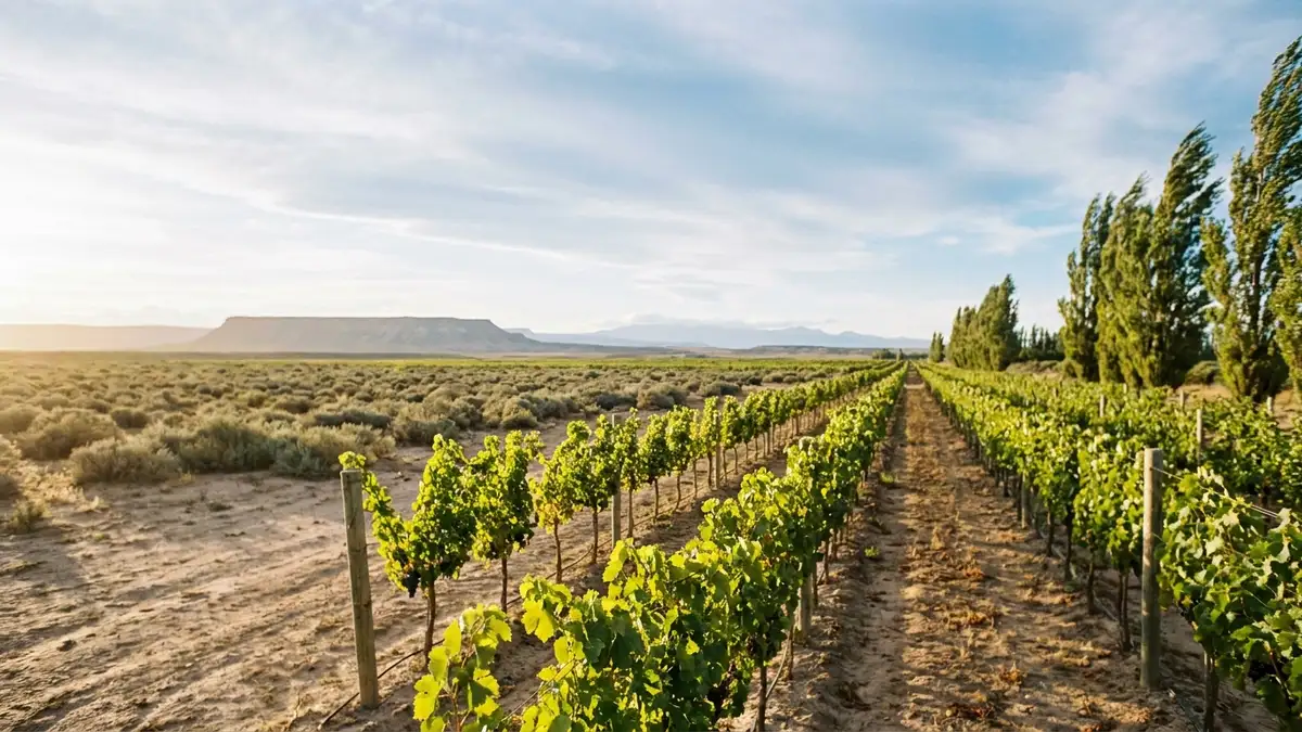Rows of green vines cutting across flat, dry Patagonian steppe toward distant hazy hills under a wide pale sky