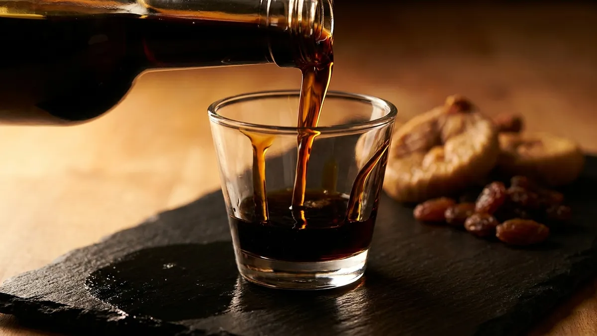 Inky-black Pedro Ximénez sherry being poured into a small glass, clinging in thick syrupy legs