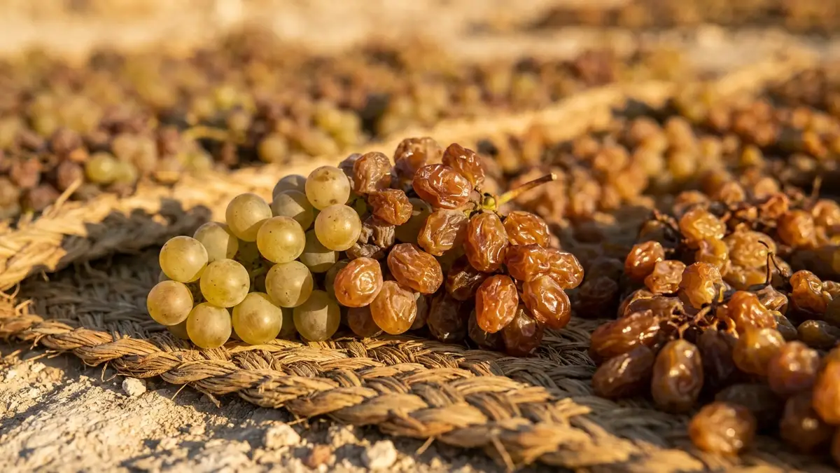 Pedro Ximénez grapes shriveling into raisins on straw drying mats under the Andalusian sun