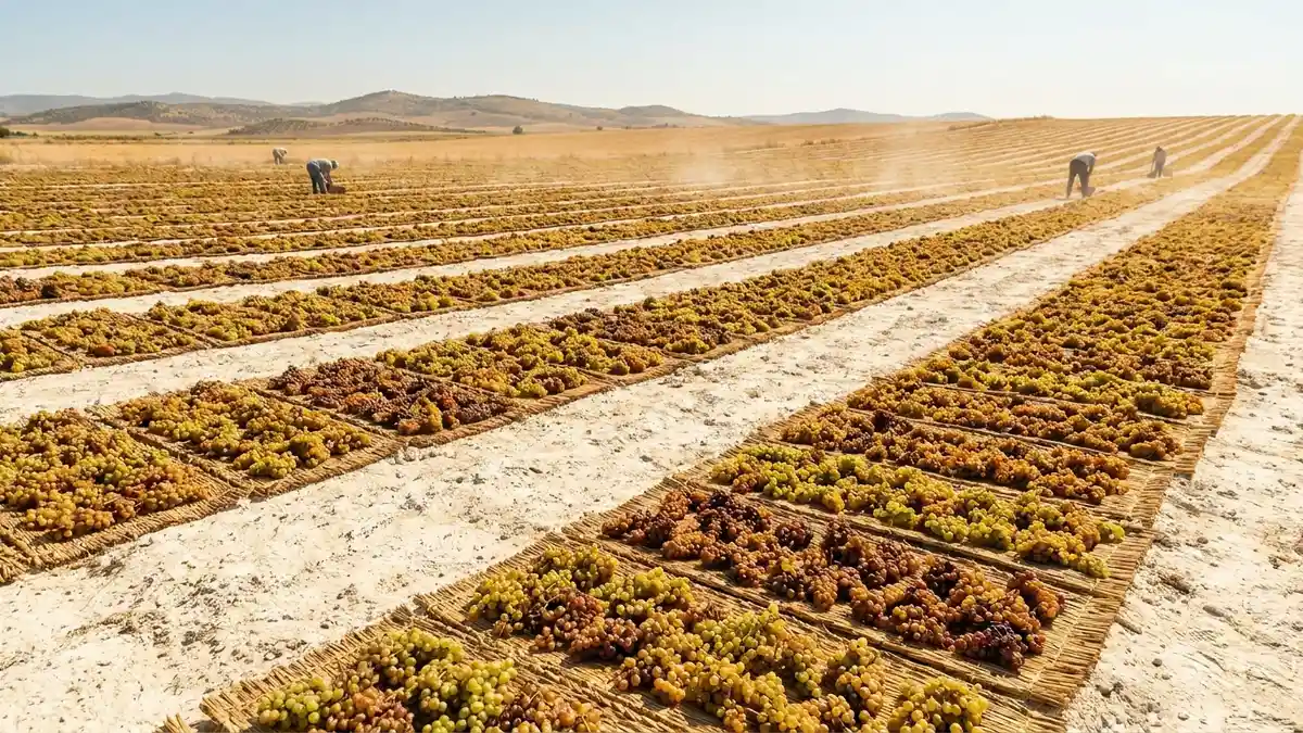Rows of Pedro Ximénez grapes drying on woven mats in an open Andalusian field under bright sun