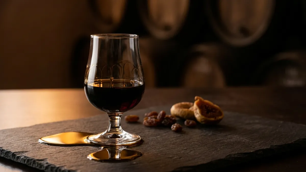A small glass of inky-black Pedro Ximénez sherry beside a pool of the syrupy wine on a dark slate surface in warm light