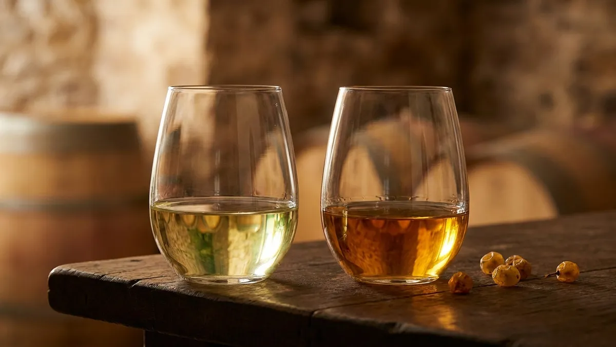 Side-by-side glasses of pale dry Jurançon Sec and golden sweet Jurançon Moelleux on a rustic wooden table