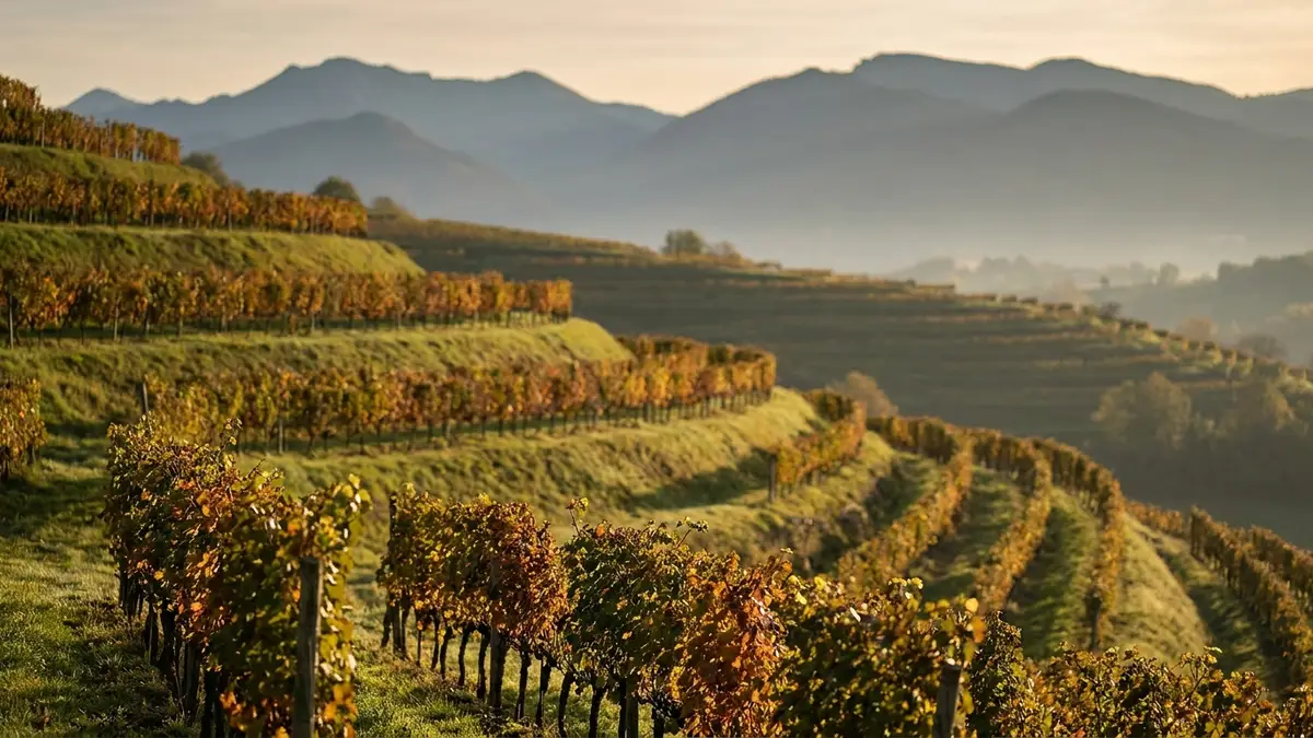 Steep terraced vineyards of Petit Manseng in the foothills of the Pyrenees under autumn light