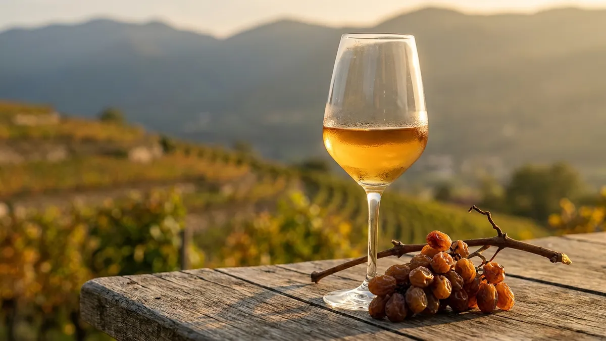 A glass of golden Petit Manseng wine beside a cluster of tiny shriveled grapes on the vine in the foothills of the Pyrenees
