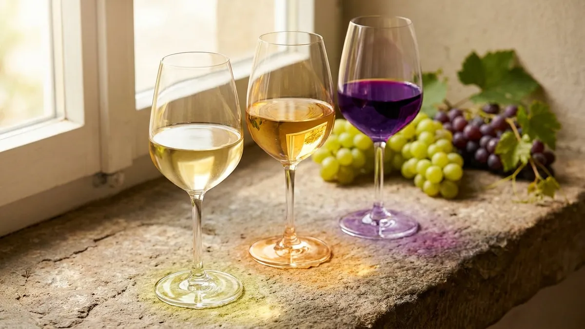 Three glasses of Pfalz wine on a stone ledge — a pale gold dry Riesling, a deeper golden Grauburgunder, and a vivid purple Dornfelder red