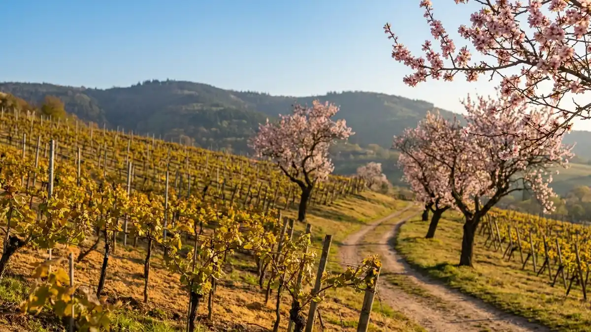 Sun-drenched Pfalz vineyard rows climbing toward the wooded Haardt hills under a clear warm sky, almond trees in pink blossom along a path