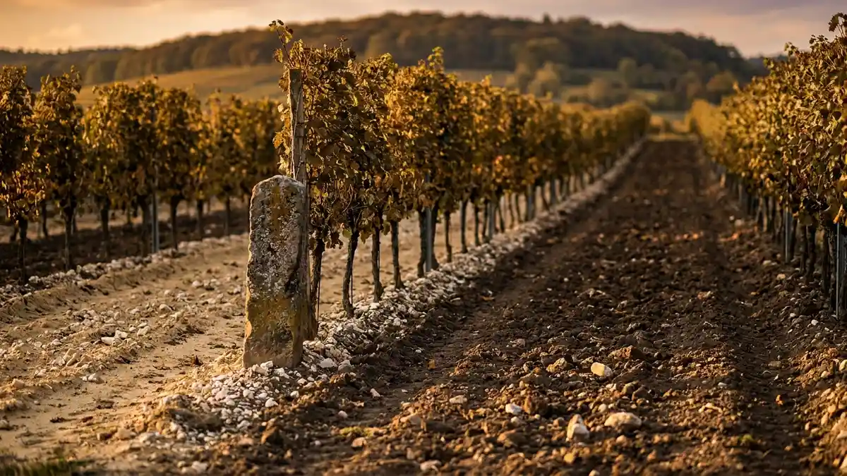 A row of Pfalz vineyard parcels along the Haardt slope, varied soils visible in the rows, a small stone marker at the edge of a top site